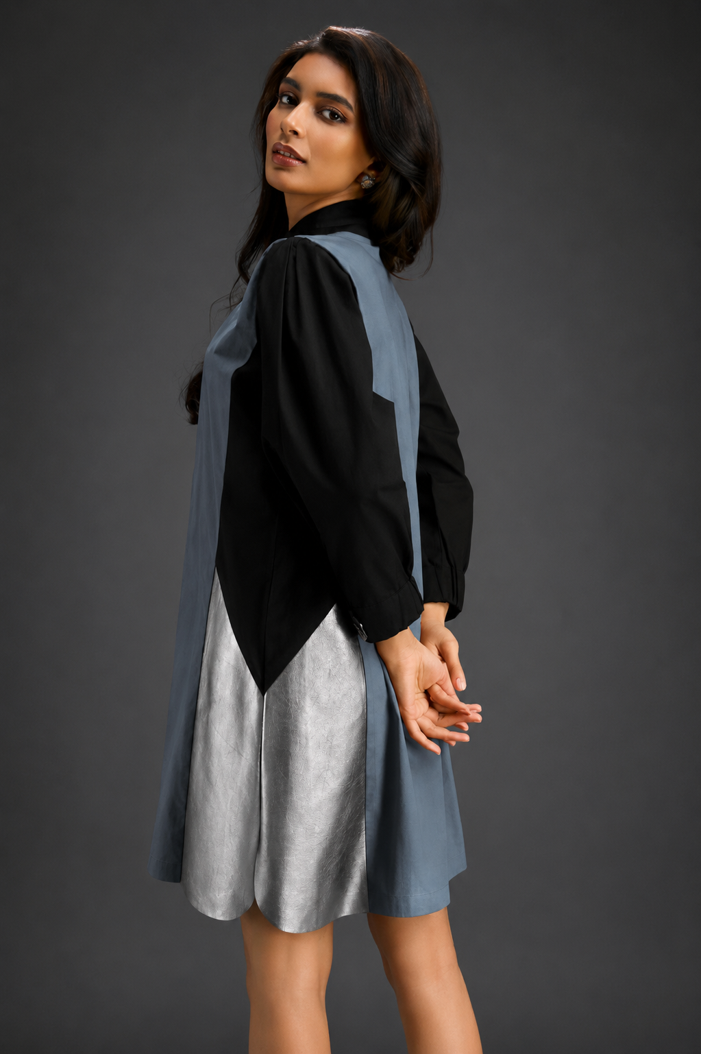 Colourblock Tunic Dress In Cool Grey And Black With Metallic Silver Side Panels