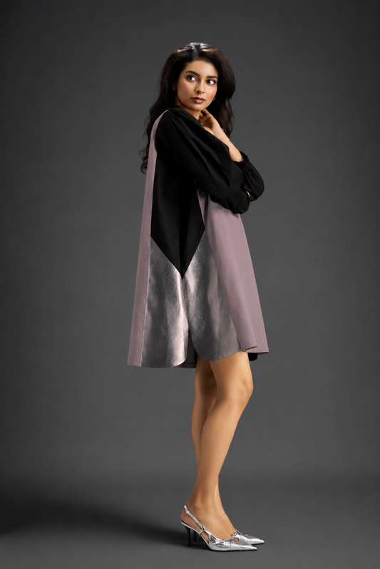 Colourblock Tunic Dress In Ash Pink And Black With Metallic Silver Side Panels