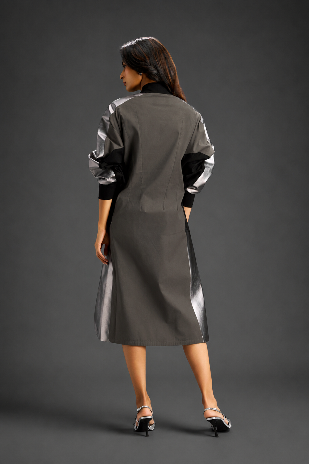 Statement Colourblock Midi Dress In Warm Grey With Contrast Metallic Silver Side Panels And Balloon Sleeves