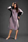 Load image into Gallery viewer, Statement Colourblock Midi Dress In Ash Pink With Contrast Metallic Silver Side Panels And Balloon Sleeves
