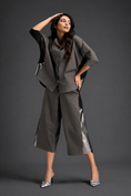 Load image into Gallery viewer, Relaxed Warm Grey Co-ord With Loose-fit Dramatic-sleeve Shirt And Wide-leg Pants With Metallic Side Panels.
