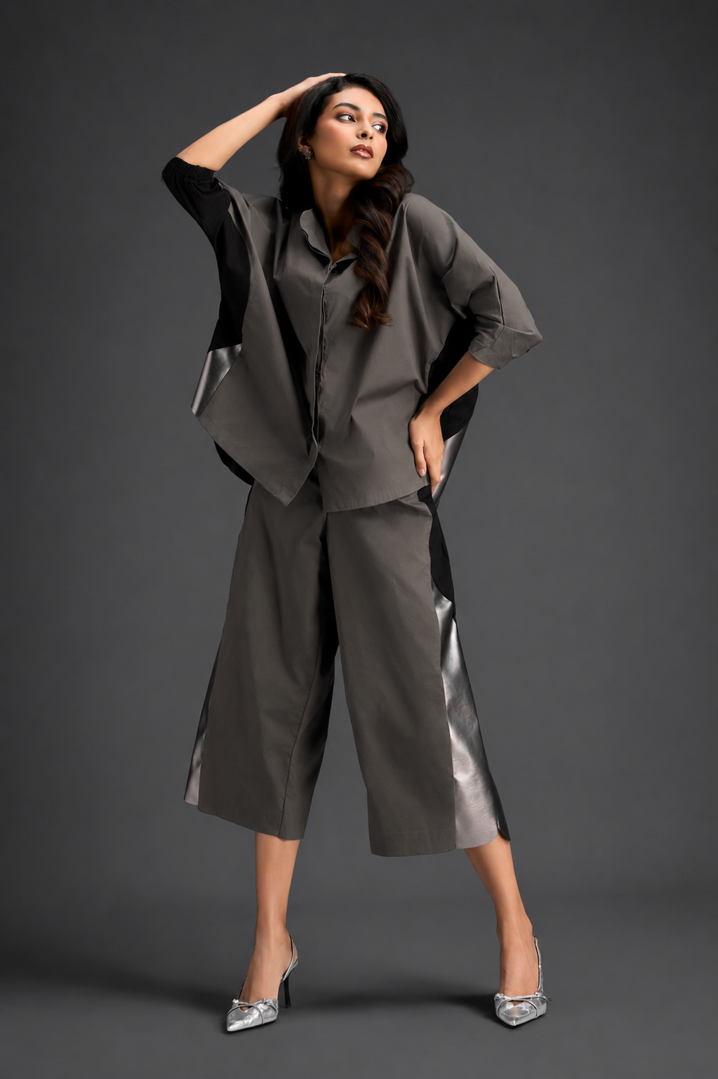 Relaxed Warm Grey Co-ord With Loose-fit Dramatic-sleeve Shirt And Wide-leg Pants With Metallic Side Panels.