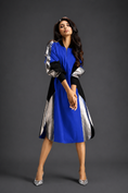 Load image into Gallery viewer, Statement Colourblock Midi Dress In Blue With Contrast Metallic Silver Side Panels And Balloon Sleeves
