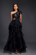 Load image into Gallery viewer, Black Hand Embroidered One Shoulder Ruffle Dress With Net Ruffles And Cutwork Detailing
