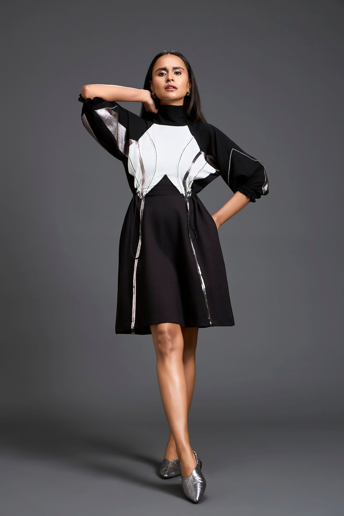 Sculpted Monochrome Drawstring Dress