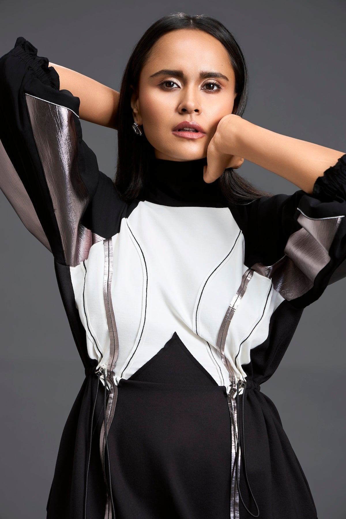 Sculpted Monochrome Drawstring Dress