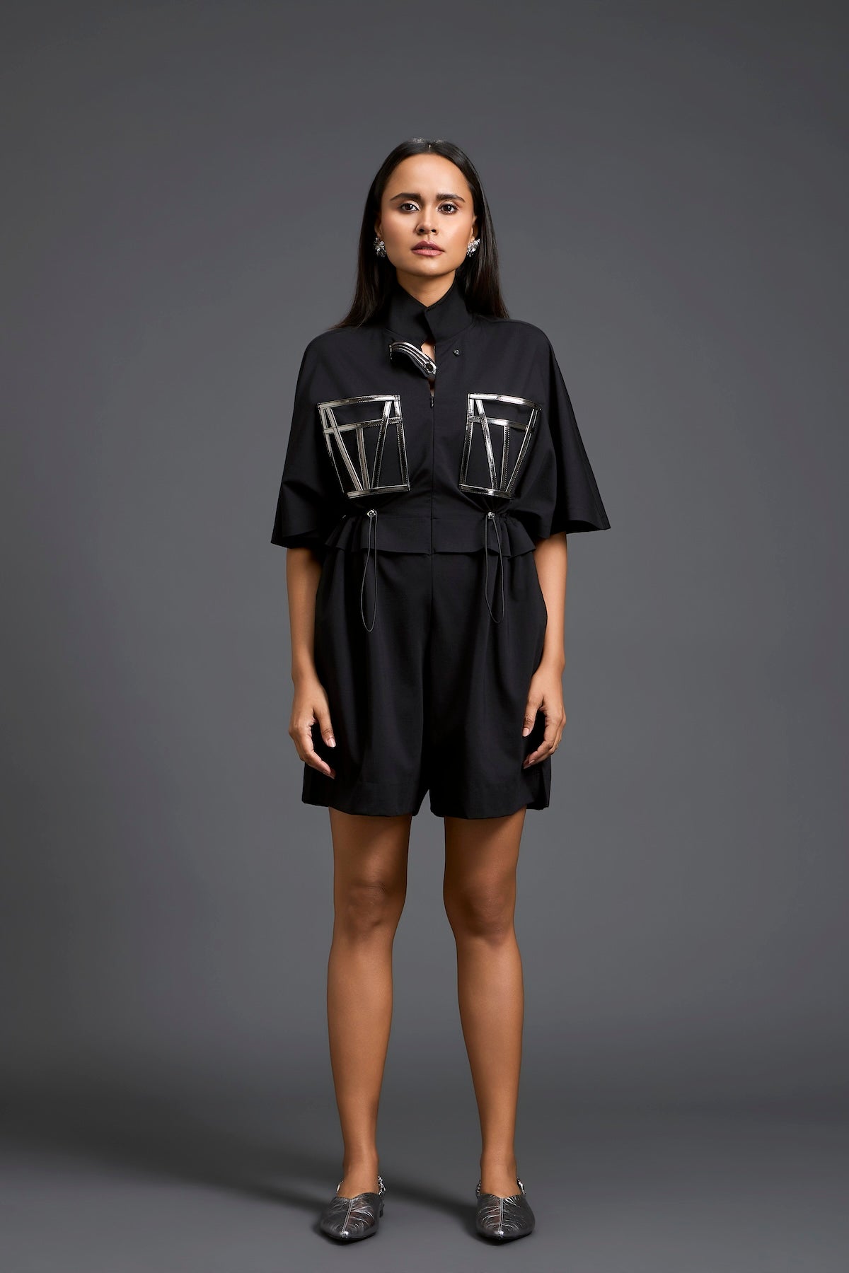 Black Gunmetal Panel Drawstring Playsuit