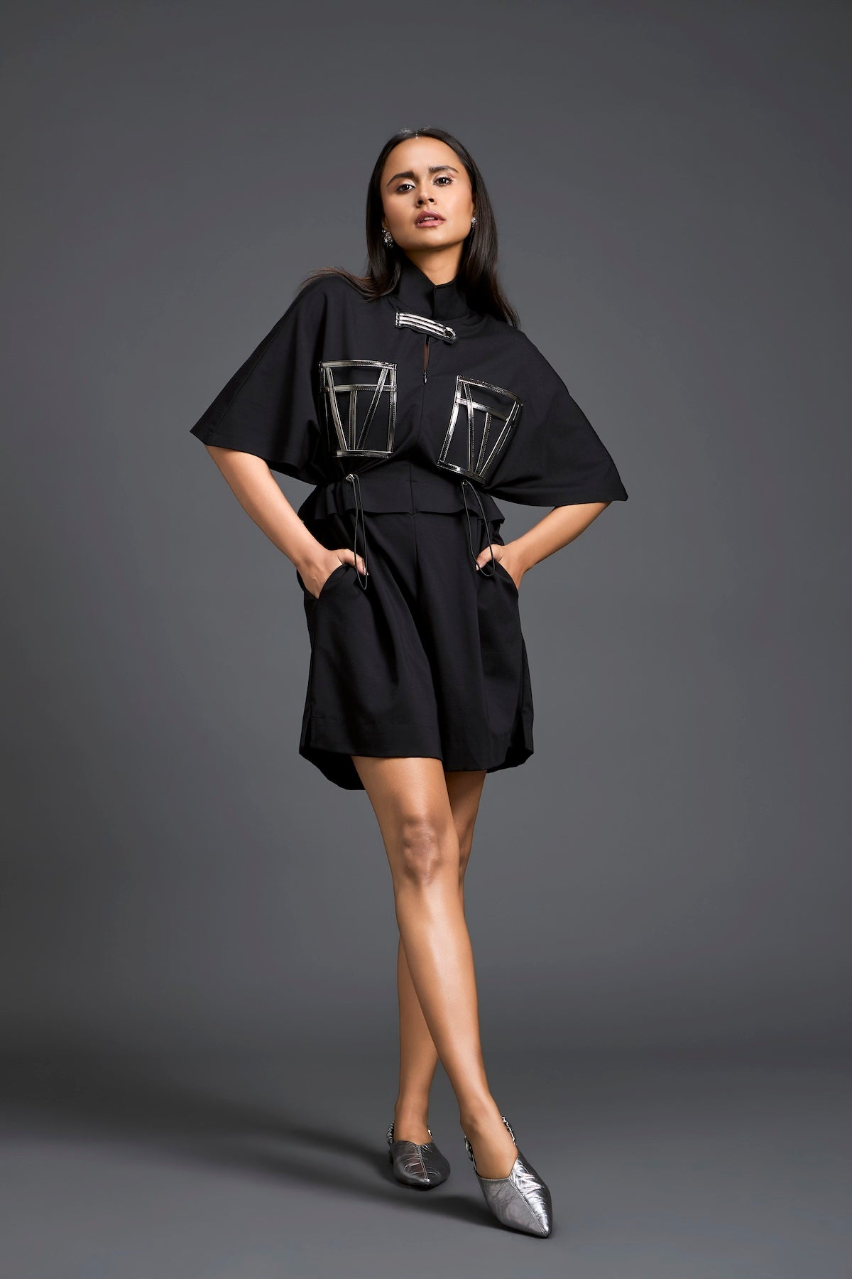 Black Gunmetal Panel Drawstring Playsuit