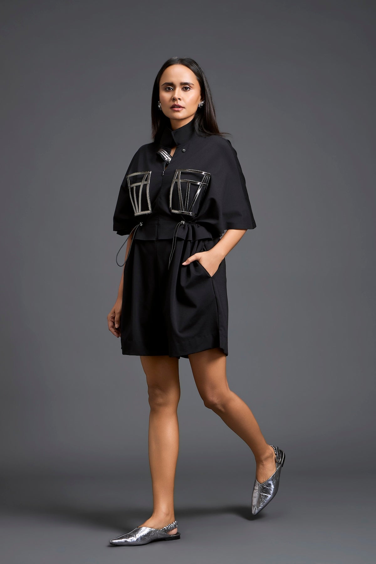 Black Gunmetal Panel Drawstring Playsuit