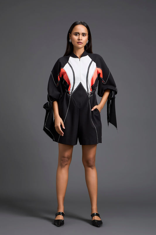Tie-Sleeve Colour-Block Playsuit