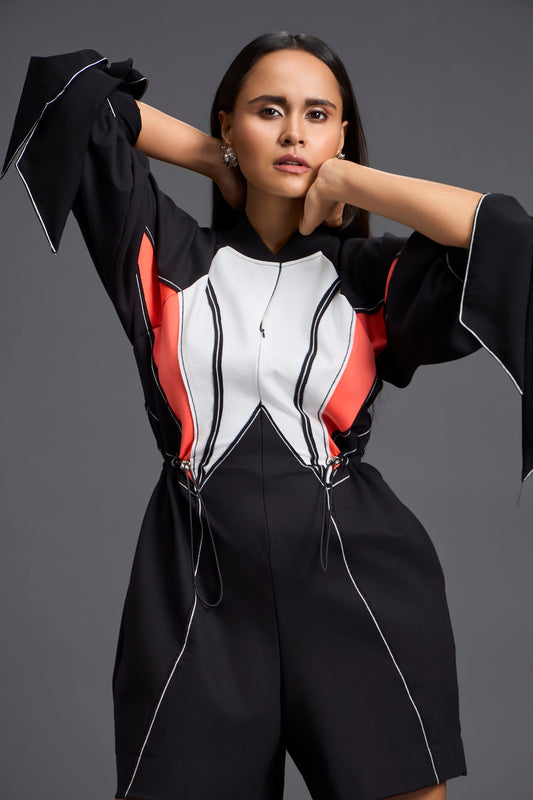 Tie-Sleeve Colour-Block Playsuit