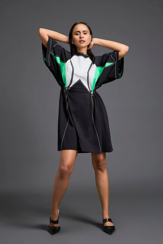 High-Neck Contrast Panel Dress