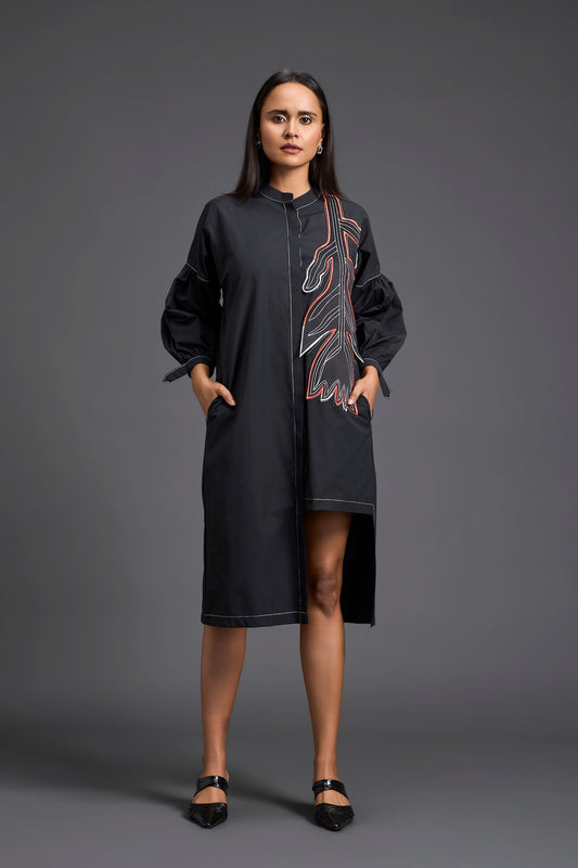 Black Floral Patchwork Shirt Dress