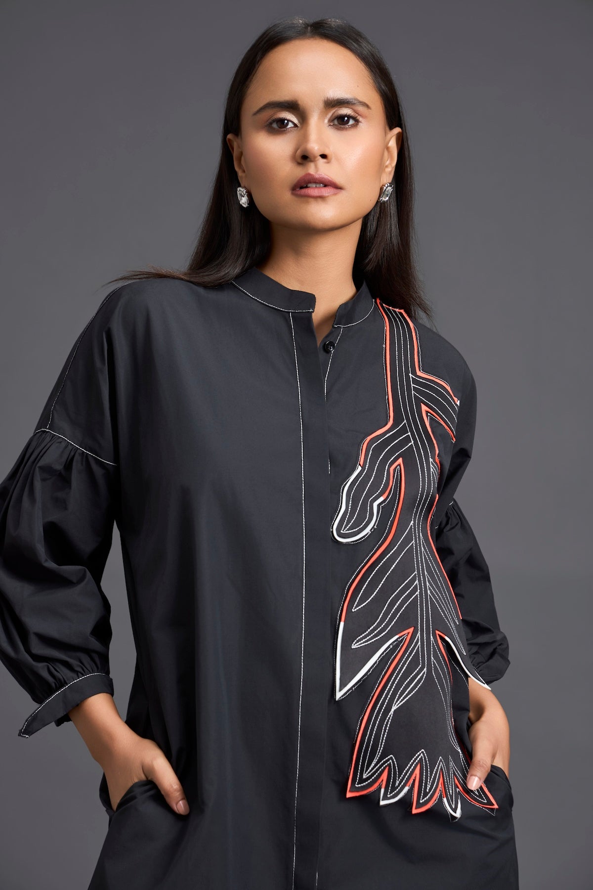 Black Floral Patchwork Shirt Dress