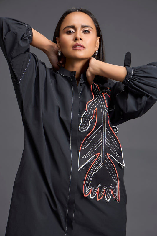 Black Floral Patchwork Shirt Dress
