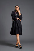 Load image into Gallery viewer, Black Puff Sleeve Floral Patchwork Gathered Dress
