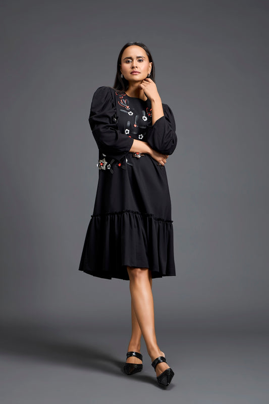 Black Puff Sleeve Floral Patchwork Gathered Dress