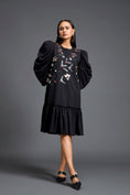 Load image into Gallery viewer, Black Puff Sleeve Floral Patchwork Gathered Dress
