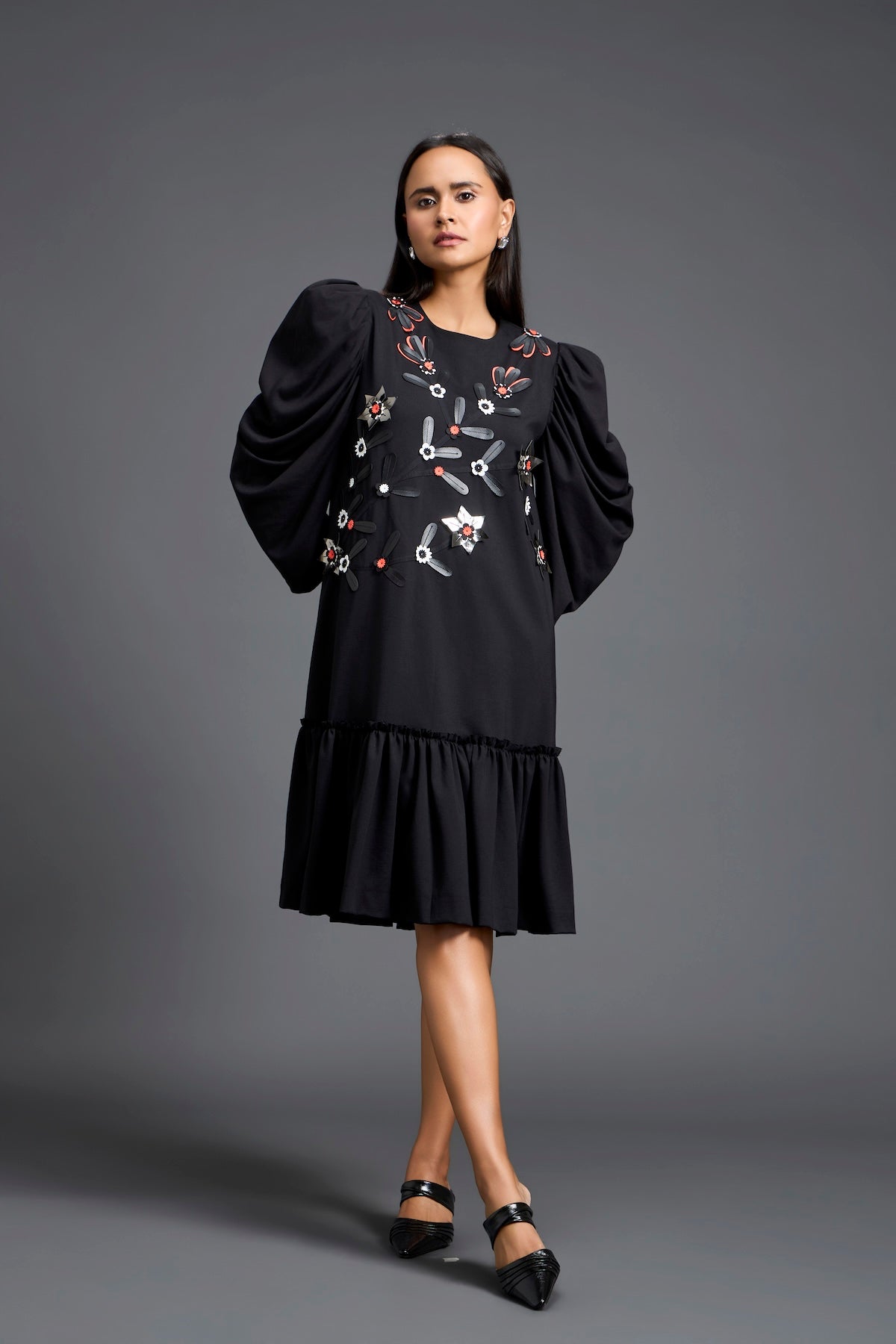 Black Puff Sleeve Floral Patchwork Gathered Dress