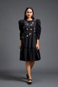 Load image into Gallery viewer, Black Puff Sleeve Floral Patchwork Gathered Dress
