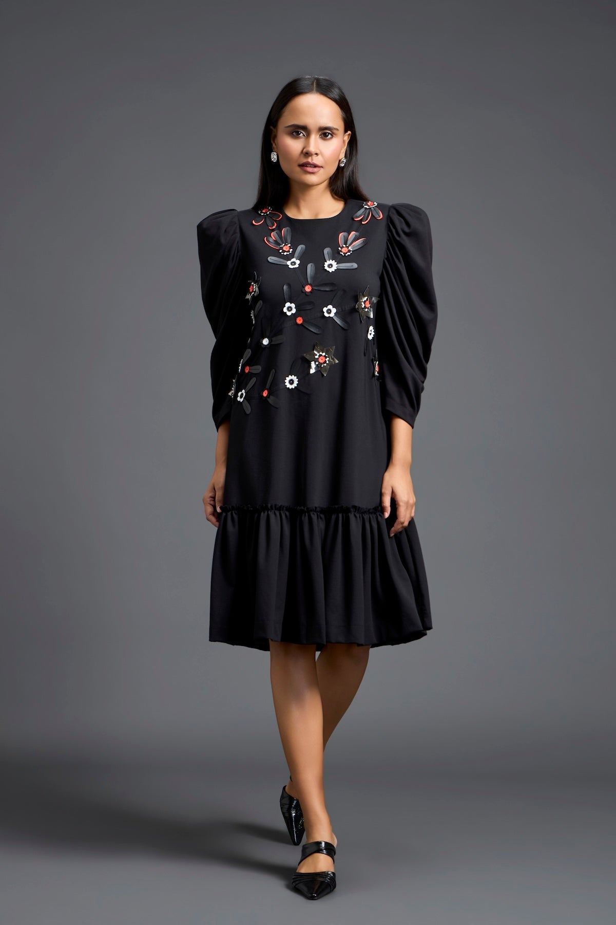 Black Puff Sleeve Floral Patchwork Gathered Dress