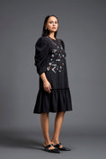 Load image into Gallery viewer, Black Puff Sleeve Floral Patchwork Gathered Dress
