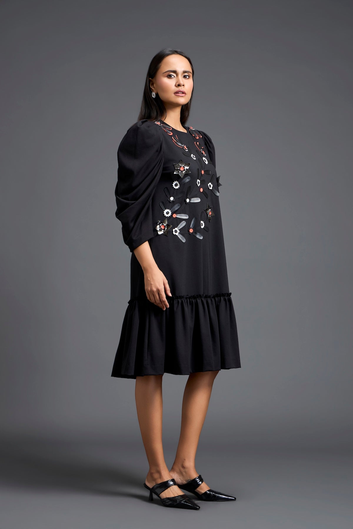 Black Puff Sleeve Floral Patchwork Gathered Dress