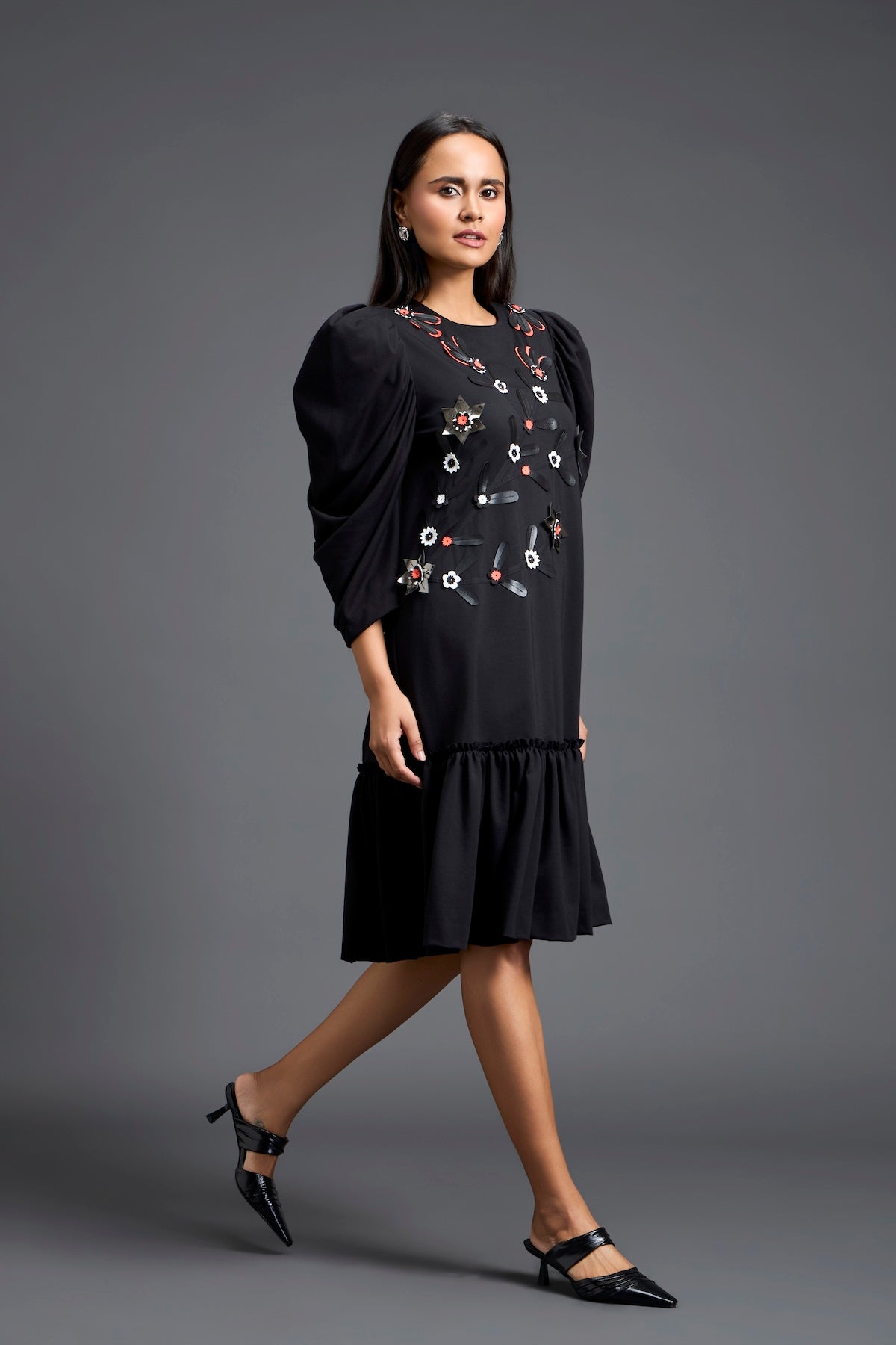 Black Puff Sleeve Floral Patchwork Gathered Dress
