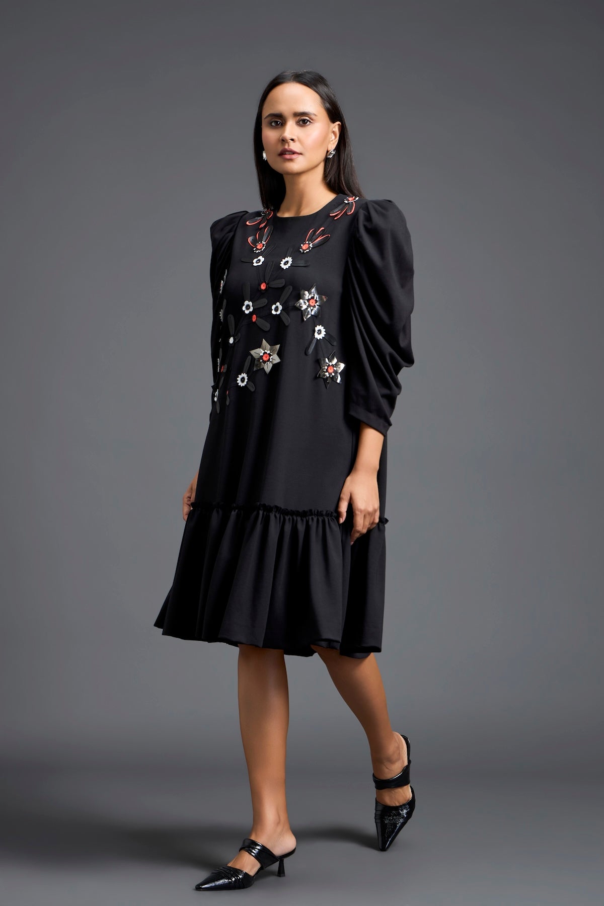Black Puff Sleeve Floral Patchwork Gathered Dress
