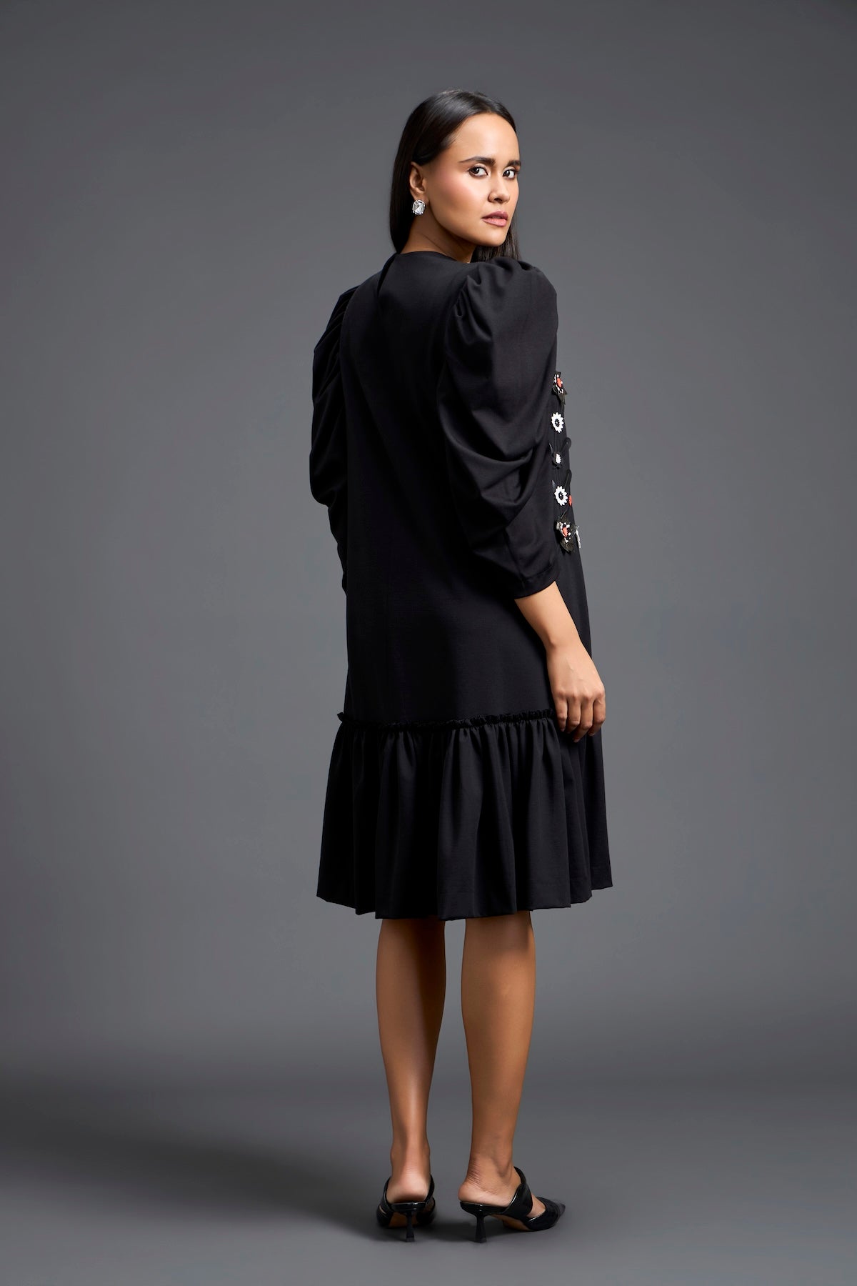 Black Puff Sleeve Floral Patchwork Gathered Dress