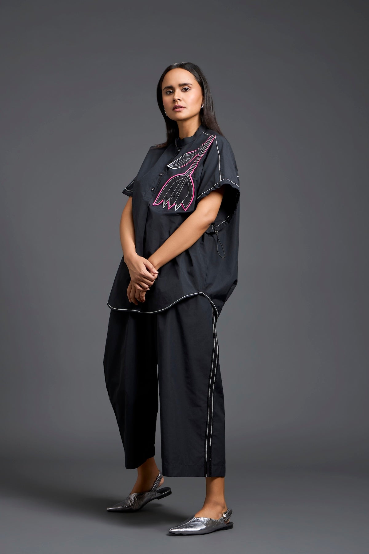 Black Oversized Floral Shirt Co-ord Set
