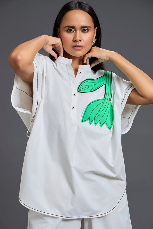 White Oversized Floral Patch Shirt