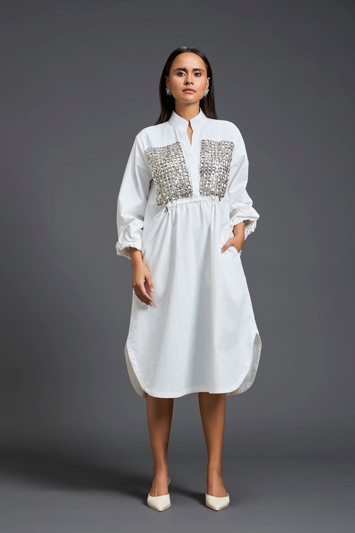 White Handwoven Patchwork Voluminous Sleeve Dress