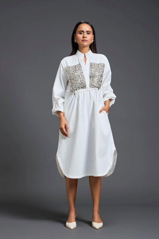 White Handwoven Patchwork Voluminous Sleeve Dress