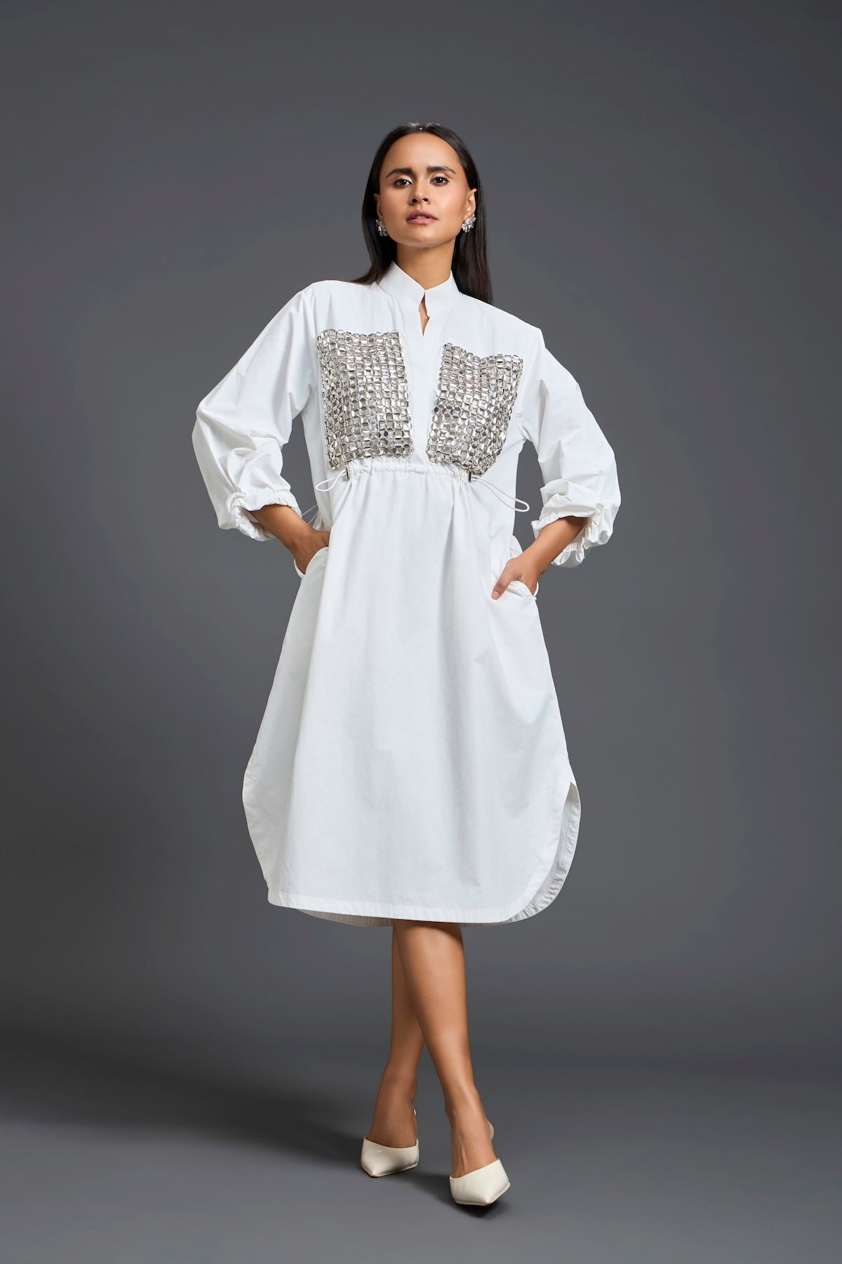 White Handwoven Patchwork Voluminous Sleeve Dress