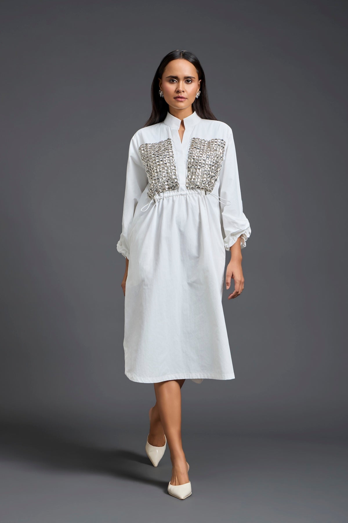 White Handwoven Patchwork Voluminous Sleeve Dress