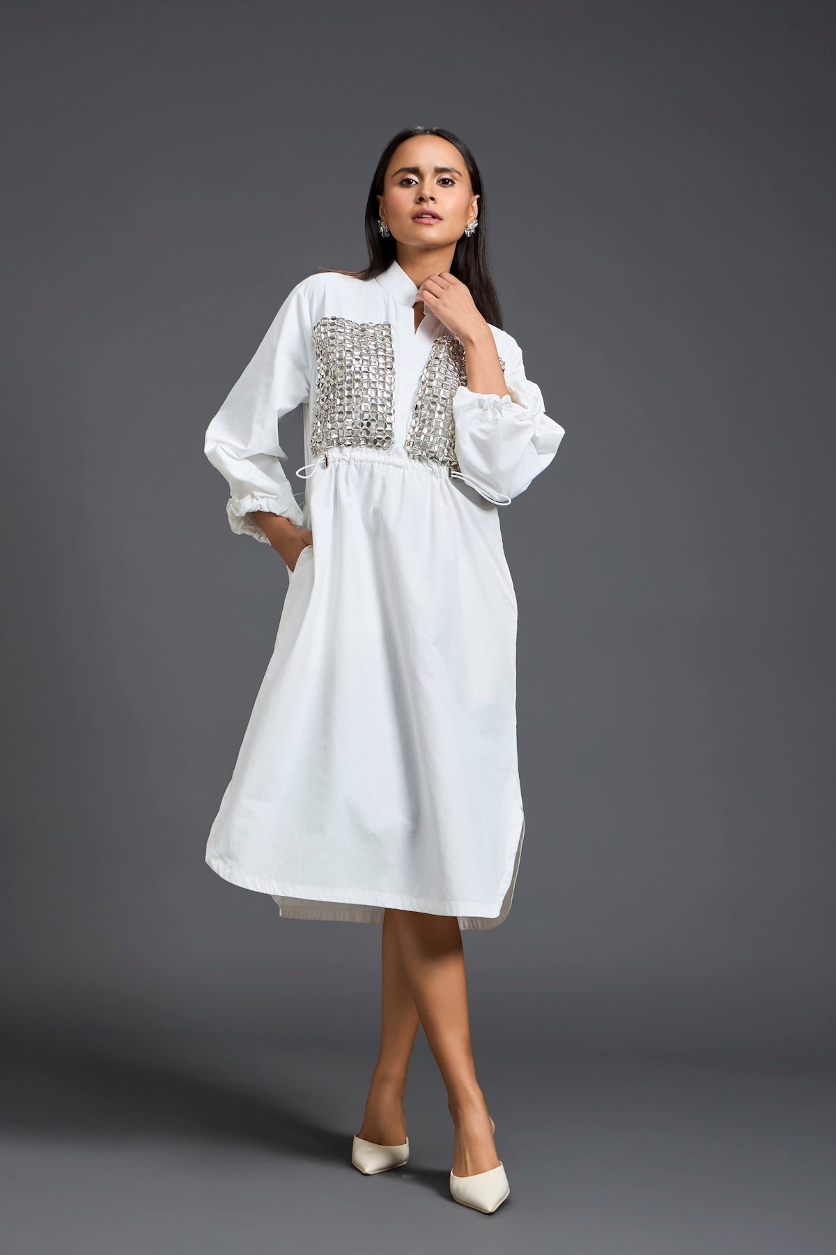 White Handwoven Patchwork Voluminous Sleeve Dress