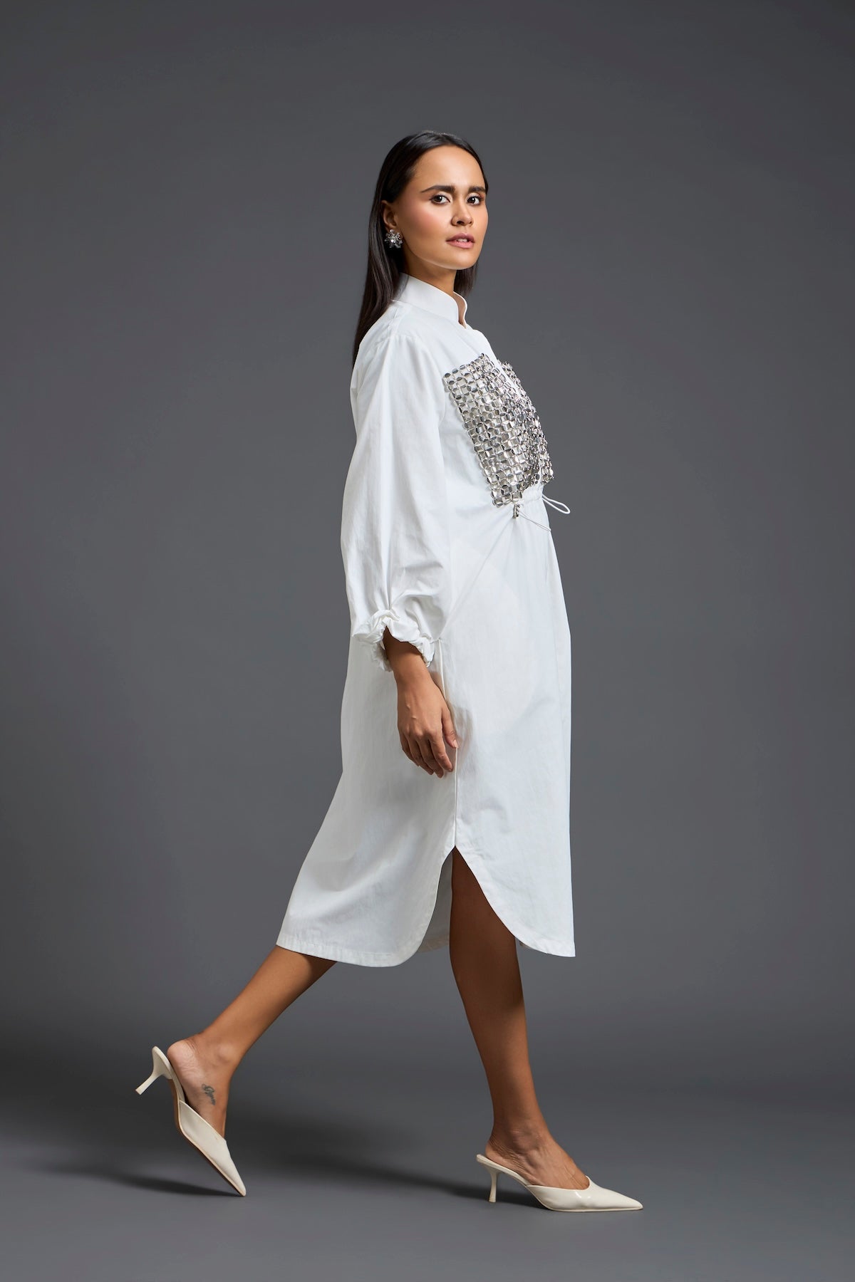 White Handwoven Patchwork Voluminous Sleeve Dress