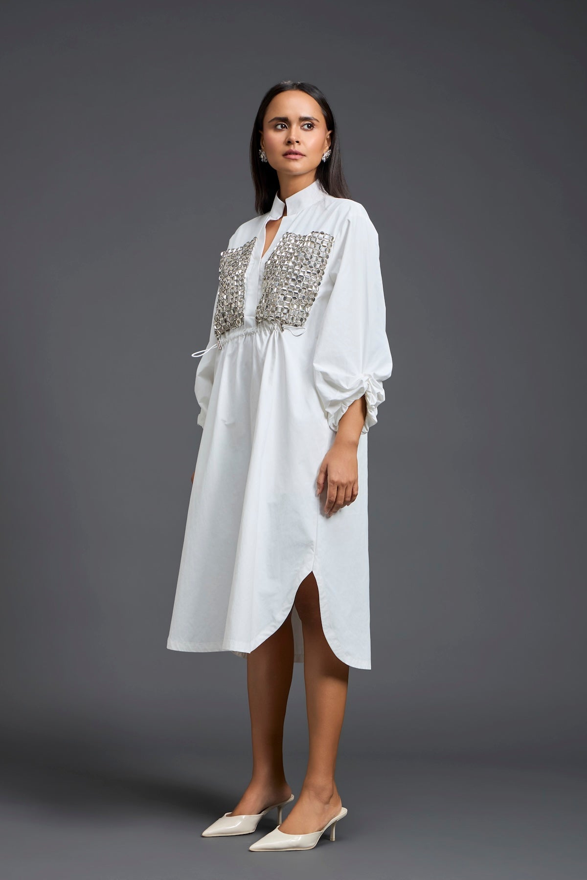 White Handwoven Patchwork Voluminous Sleeve Dress