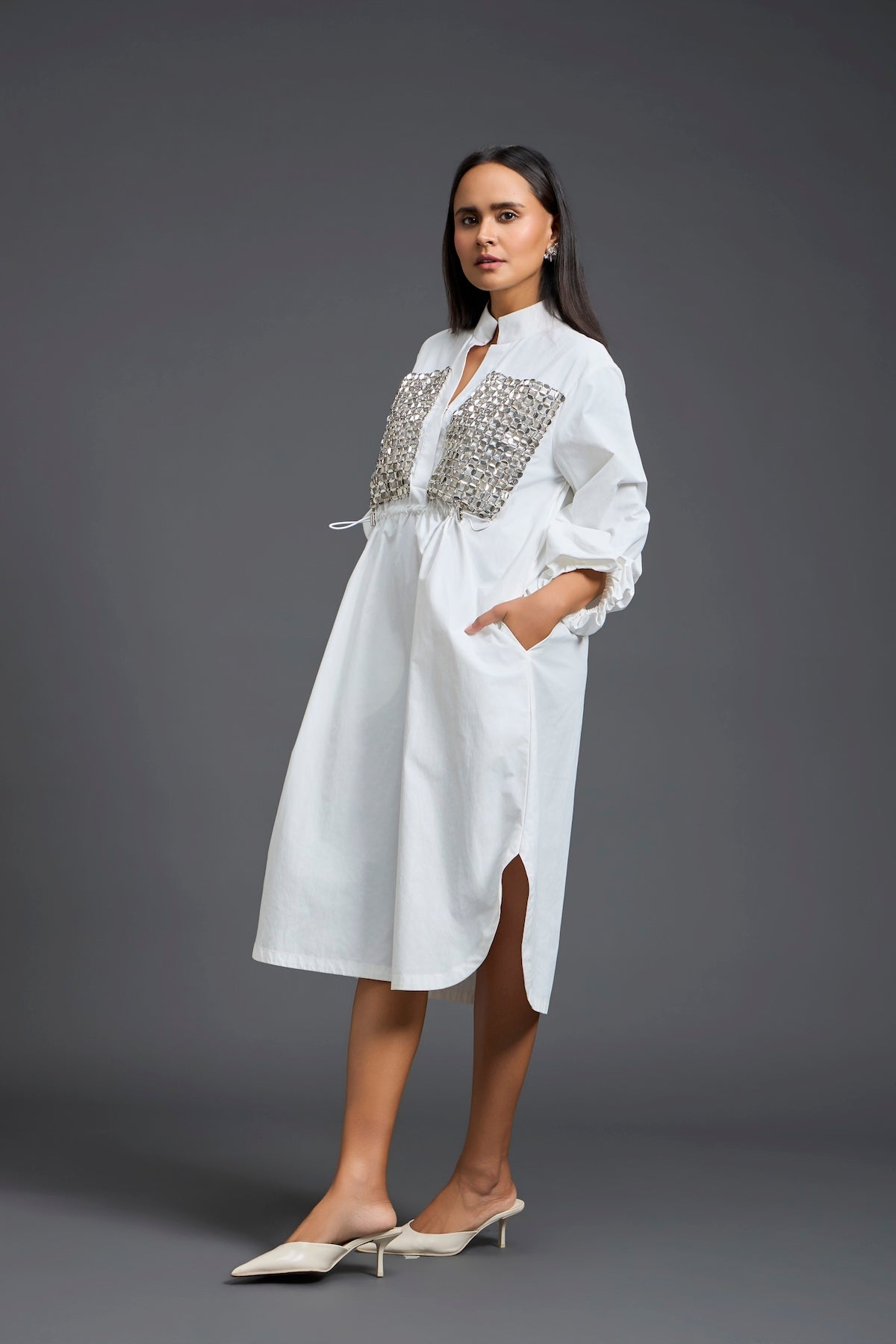 White Handwoven Patchwork Voluminous Sleeve Dress