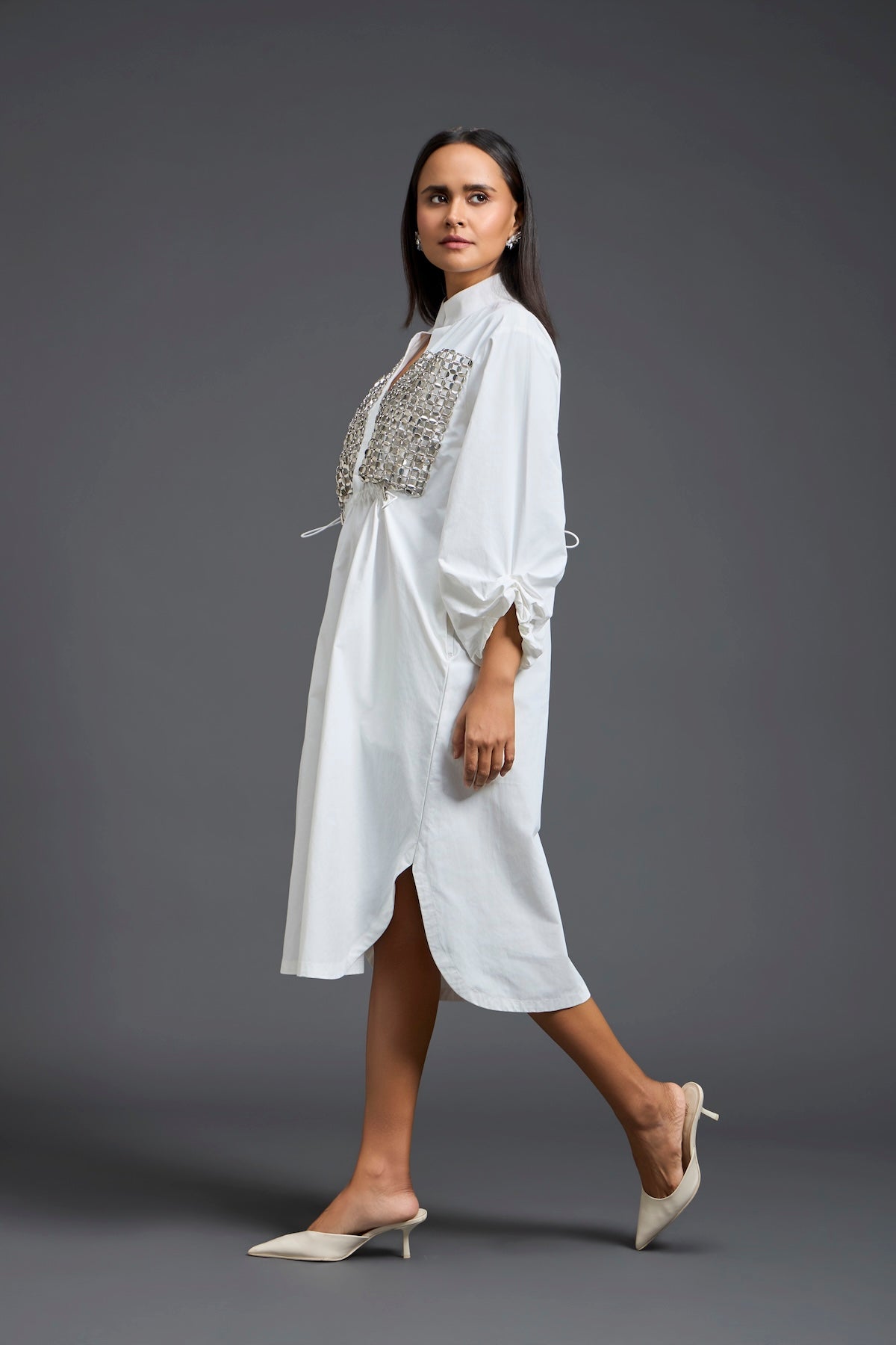 White Handwoven Patchwork Voluminous Sleeve Dress