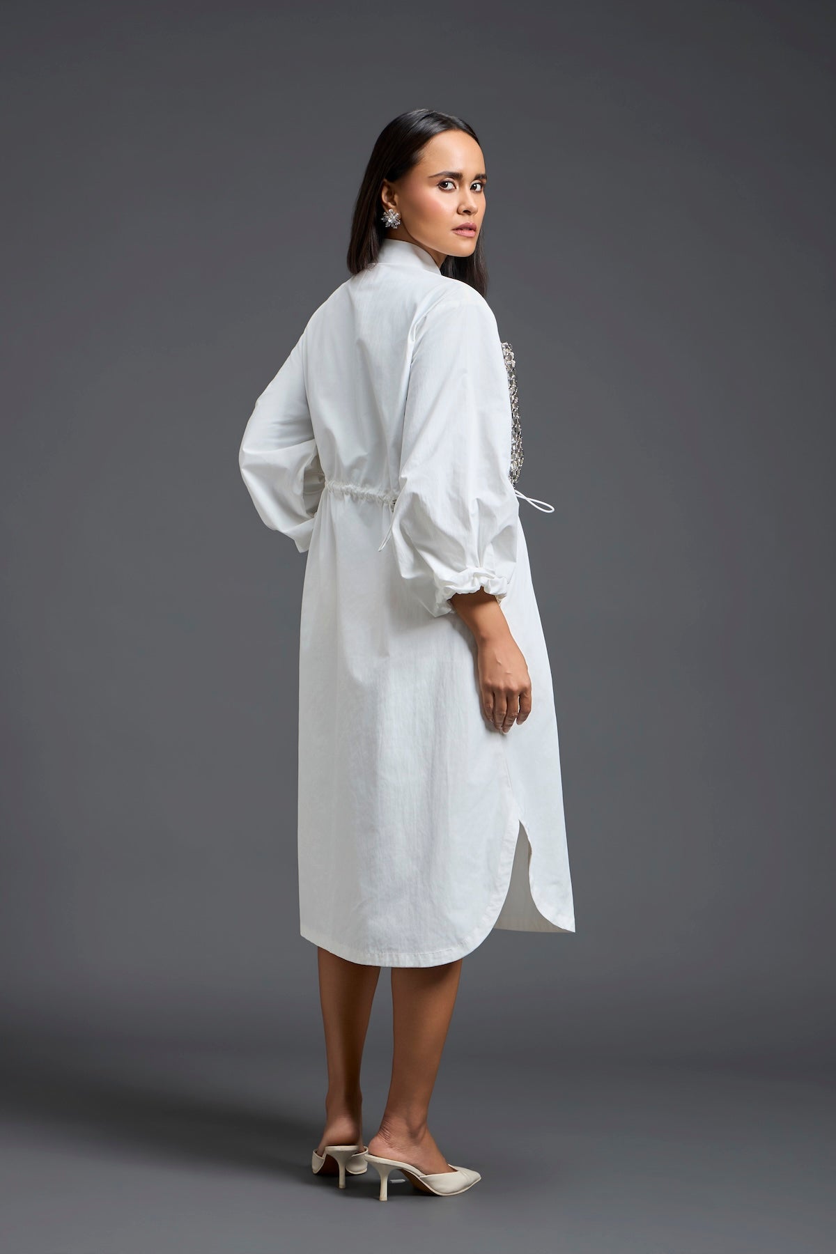White Handwoven Patchwork Voluminous Sleeve Dress