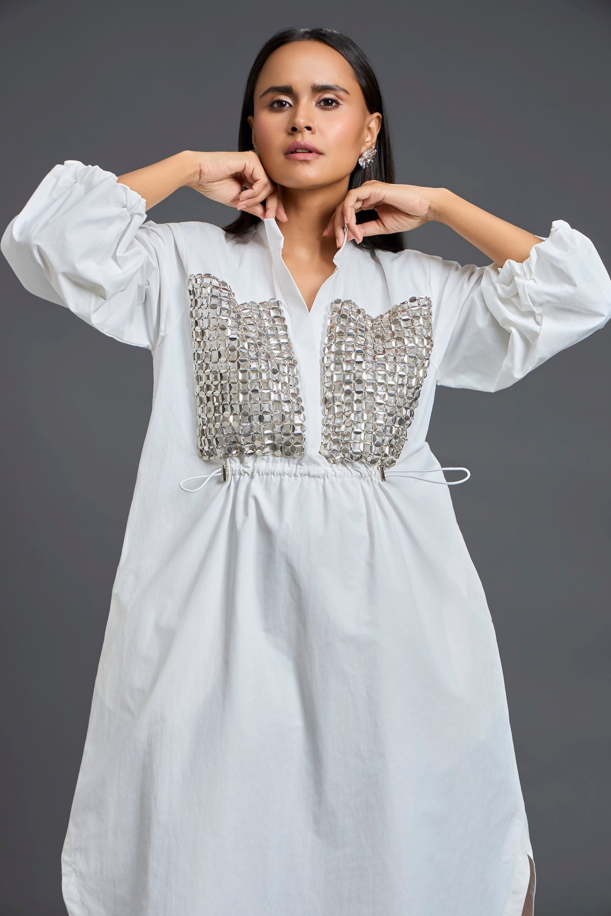 White Handwoven Patchwork Voluminous Sleeve Dress