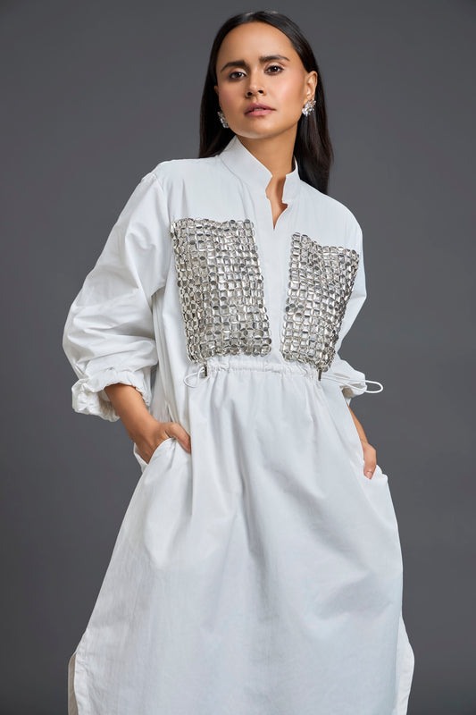White Handwoven Patchwork Voluminous Sleeve Dress