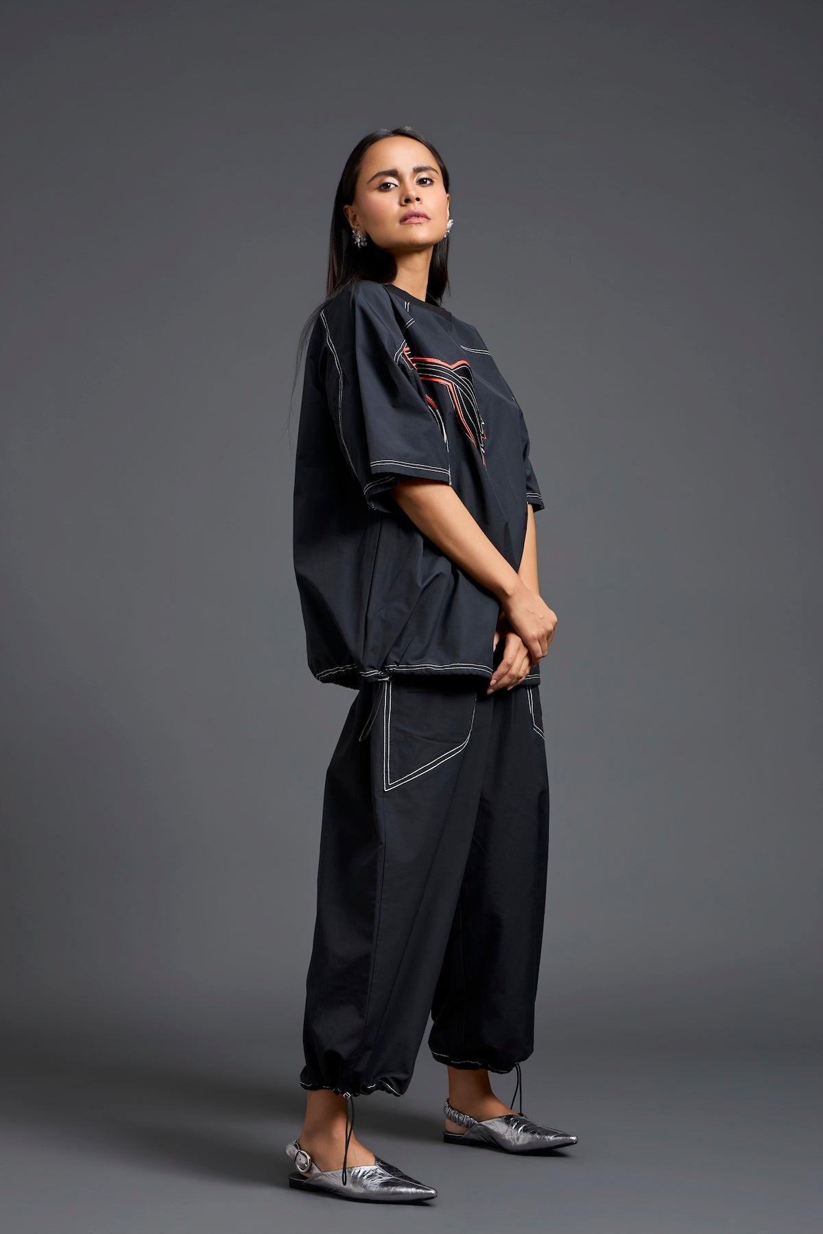 Black Oversized Floral Drawstring Co-ord Set