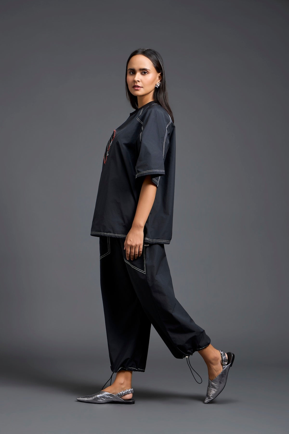 Black Oversized Floral Drawstring Co-ord Set