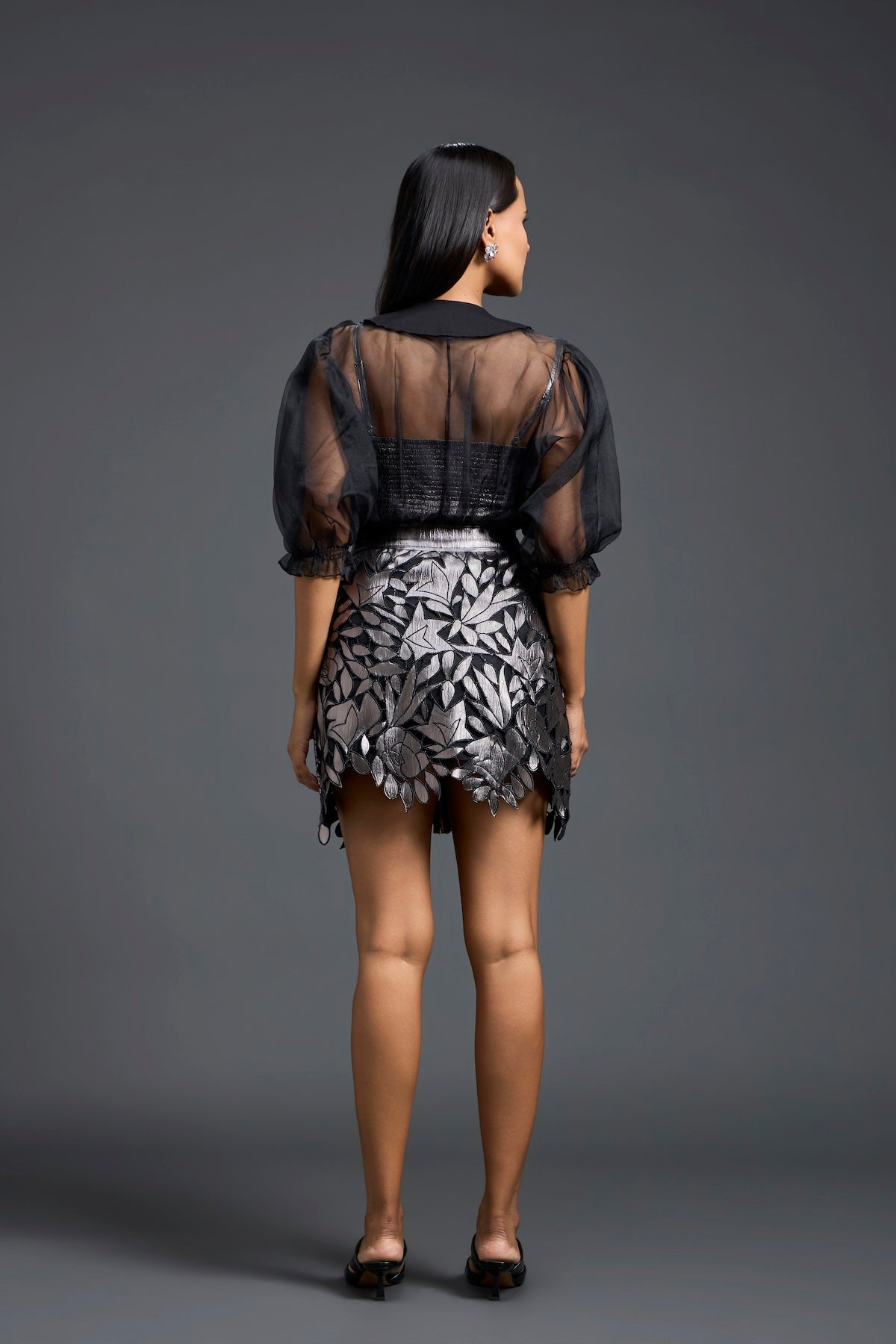 Sheer Organza Blouse and Floral Laser-Cut Mini Skirt Set