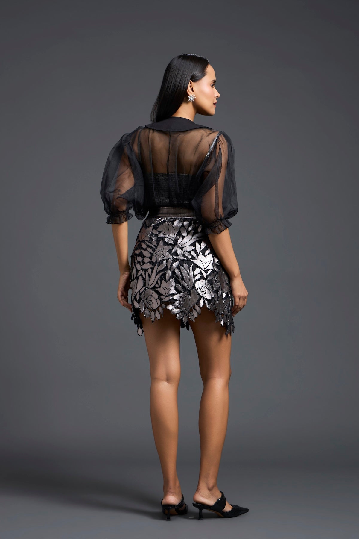 Sheer Organza Blouse and Floral Laser-Cut Mini Skirt Set