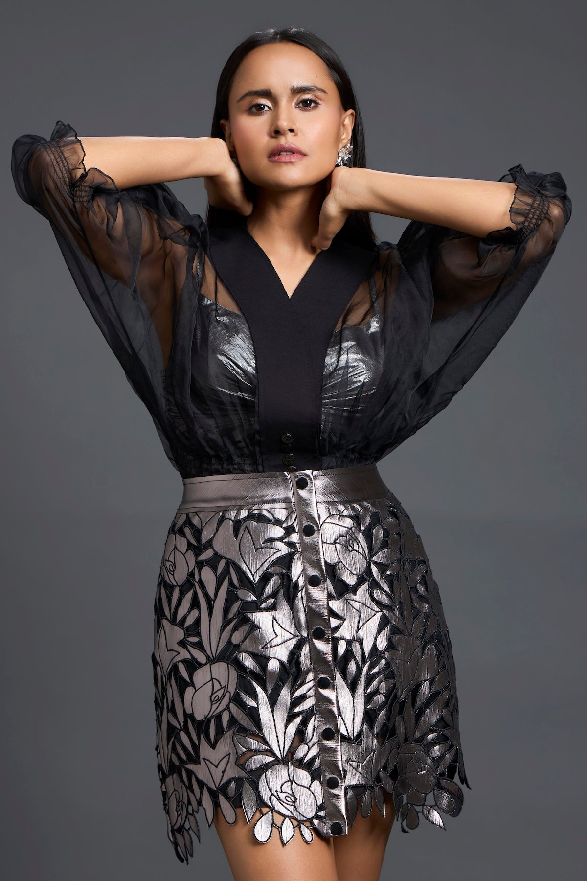 Sheer Organza Blouse and Floral Laser-Cut Mini Skirt Set