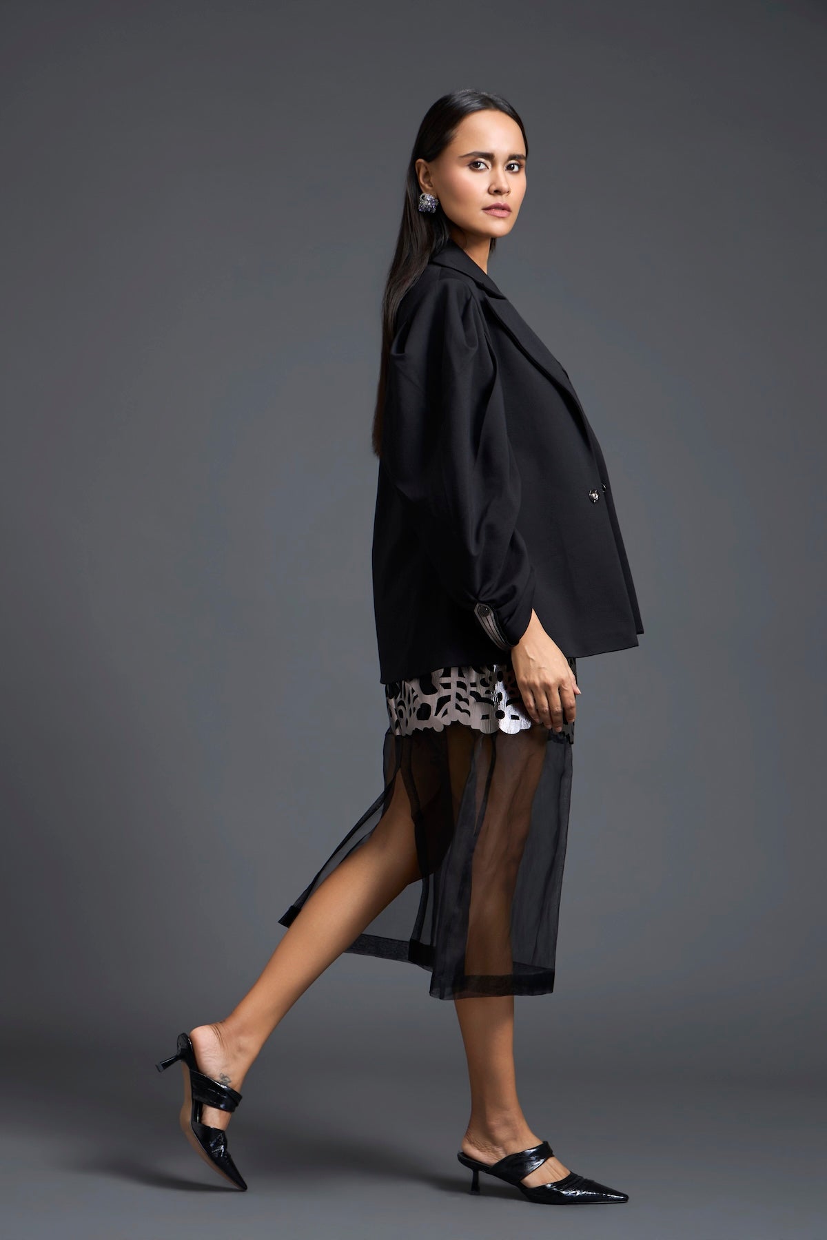 Structured Blazer Bralette and Laser-Cut Overlay Skirt Set
